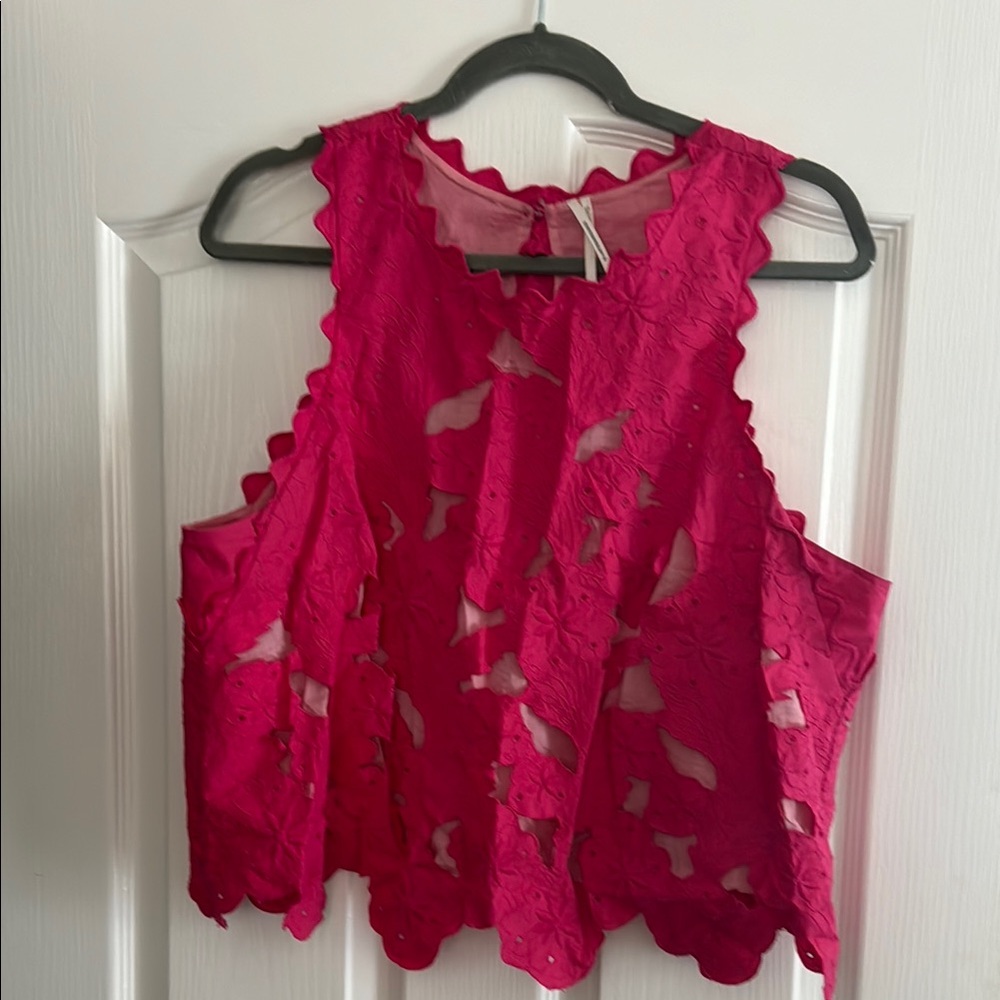 Anthropologie Pink Ruffled Cut Out Crop Tank Top